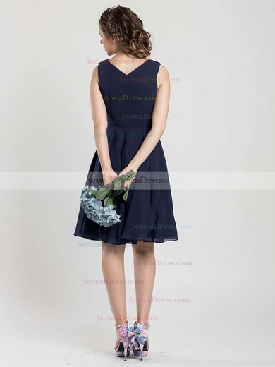 Great V-neck Dark Navy Chiffon Ruffles Knee-length Bridesmaid Dress #JCD01012403