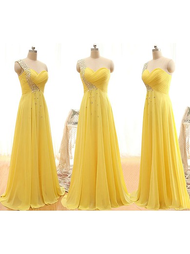 A-line One Shoulder Yellow Chiffon with Crystal Detailing Pretty Bridesmaid Dresses #JCD01012406