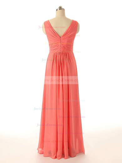 V-neck Chiffon with Flower(s) Inexpensive A-line Watermelon Bridesmaid Dresses #JCD01012409