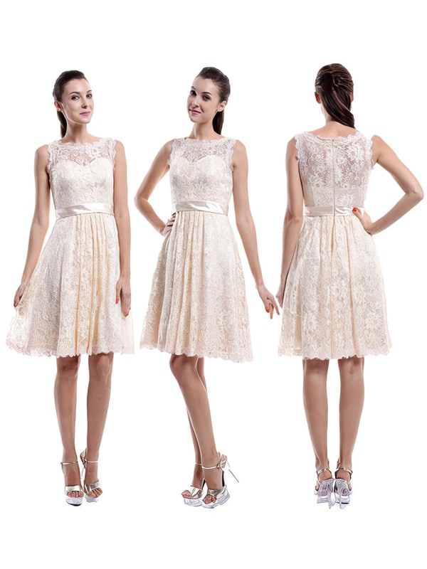Ivory Scoop Neck Lace Sashes/Ribbons Ladies Knee-length Bridesmaid Dress #JCD01012422