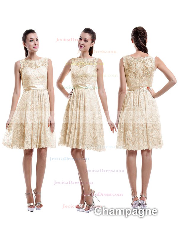 Ivory Scoop Neck Lace Sashes/Ribbons Ladies Knee-length Bridesmaid Dress #JCD01012422