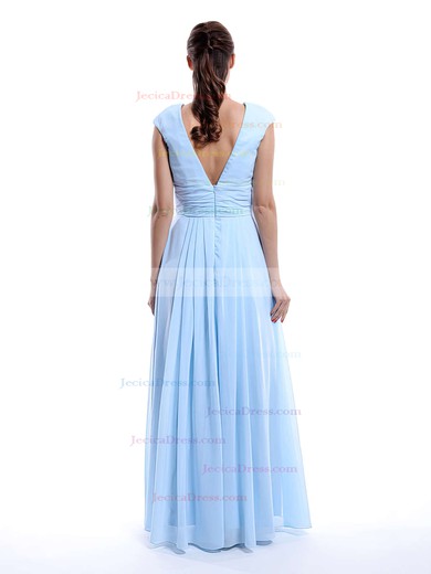 Nicest A-line Chiffon Cap Straps Ruffles V-neck Light Sky Blue Bridesmaid Dress #JCD01012423