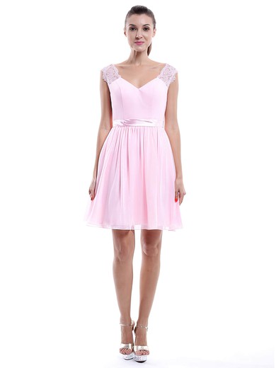 V-neck Pearl Pink Chiffon Lace A-line Modest Bridesmaid Dress #JCD01012424