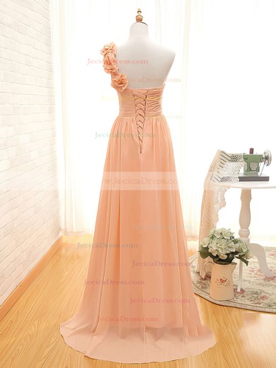 Girls Sweep Train Chiffon Lace-up with Flower(s) One Shoulder Orange Bridesmaid Dress #JCD01012434