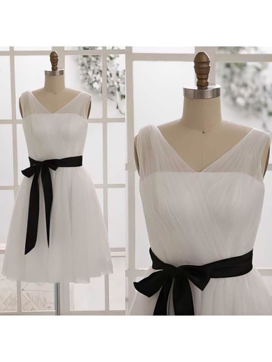 A-line Tulle with Sashes/Ribbons V-neck Custom Ivory Bridesmaid Dresses #JCD01012452
