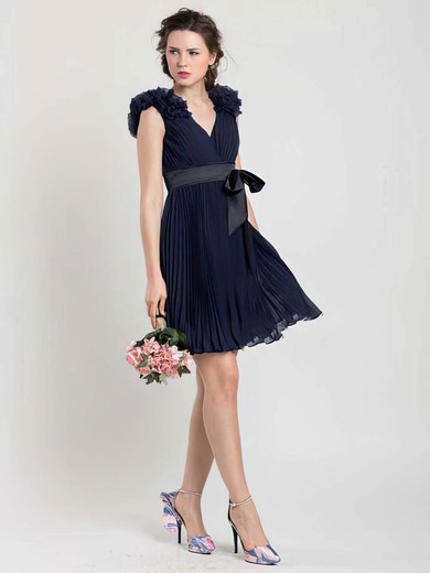 Short/Mini Chiffon Sashes/Ribbons V-neck Different Dark Navy Bridesmaid Dresses #JCD01012454