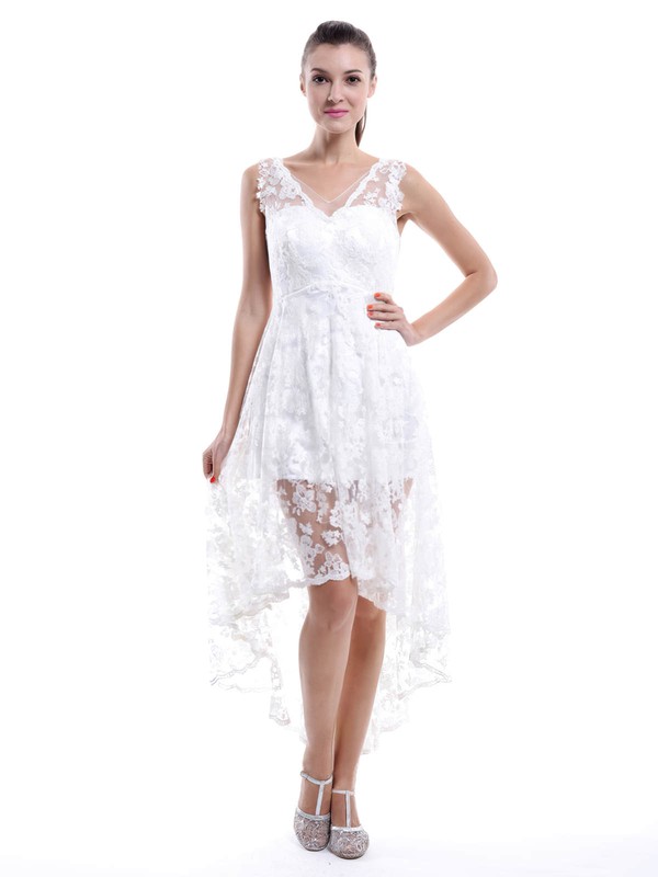 High Low Asymmetrical White Lace Ruffles V-neck Bridesmaid Dresses #JCD01012456