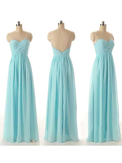 Top V-neck Chiffon Tulle with Beading Blue Floor-length Bridesmaid Dresses #JCD01012460
