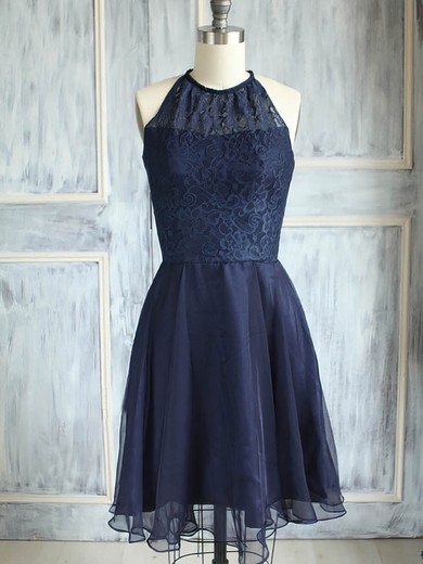 Best Scoop Neck Knee-length Dark Navy Chiffon Lace Bridesmaid Dress #JCD01012474