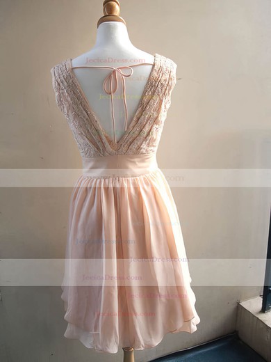 Knee-length Chiffon Sashes / Ribbons Lace V-neck Bridesmaid Dress #JCD01012478