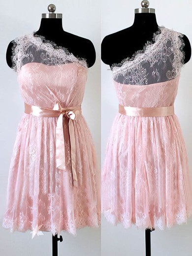 Top Short/Mini Sashes/Ribbons One Shoulder Pink Lace Bridesmaid Dress #JCD01012490