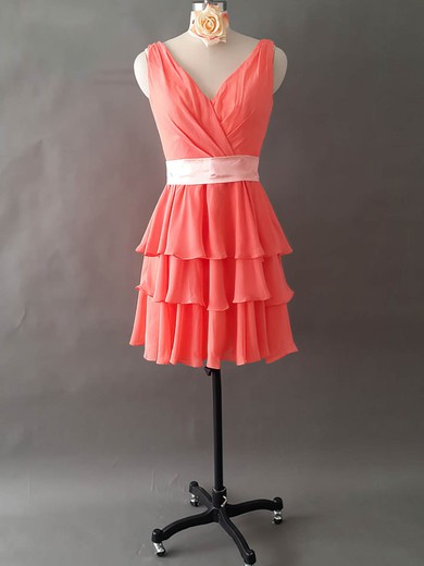 Custom V-neck Tiered Watermelon Chiffon Short/Mini Bridesmaid Dresses #JCD01012495