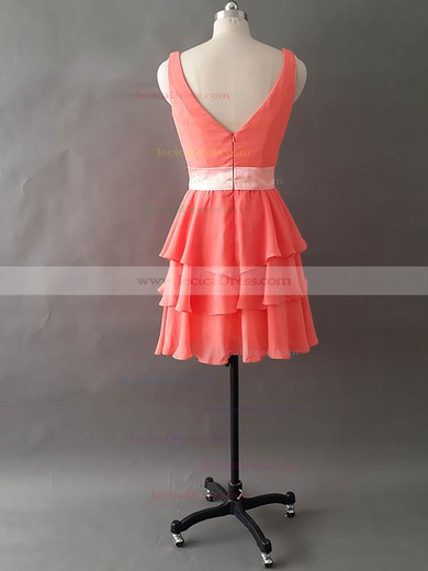 Custom V-neck Tiered Watermelon Chiffon Short/Mini Bridesmaid Dresses #JCD01012495