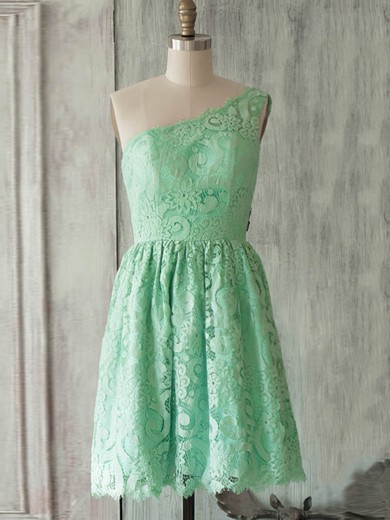 One Shoulder Ruffles Backless Sage Lace Short/Mini Bridesmaid Dress #JCD01012505
