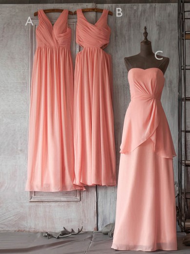 Modest Watermelon Chiffon Ruffles Floor-length V-neck Bridesmaid Dresses #JCD01012506