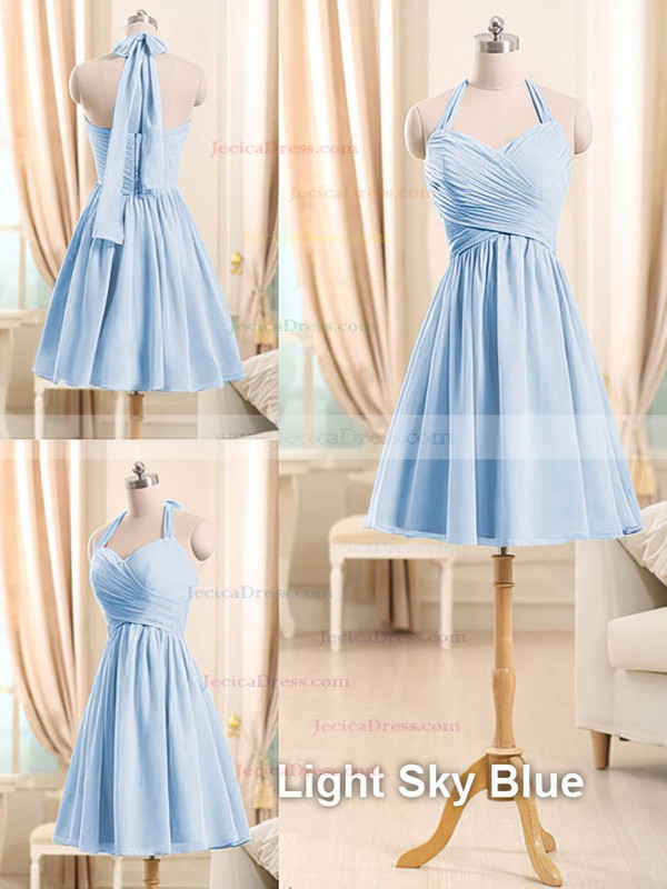 Best Light Sky Blue Chiffon Ruffles Short/Mini Halter Bridesmaid Dresses #JCD01012510
