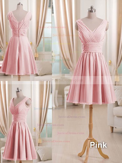 V-neck Short/Mini Watermelon Pleats Chiffon Elegant Bridesmaid Dress #JCD01012511