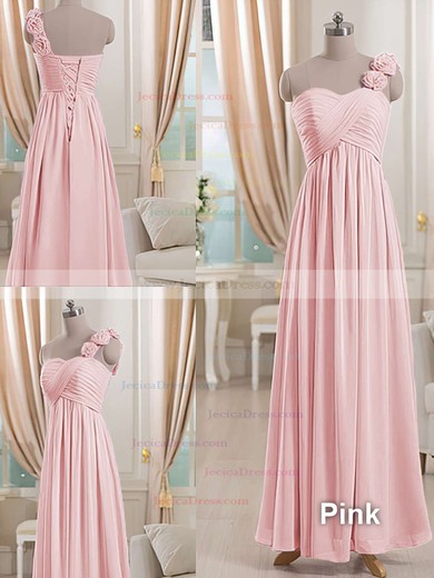 One Shoulder Lilac Chiffon Flower(s) Lace-up Empire Bridesmaid Dresses #JCD01012512