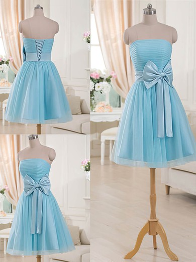Strapless Bow Lace-up Short/Mini Blue Tulle Bridesmaid Dresses #JCD01012516