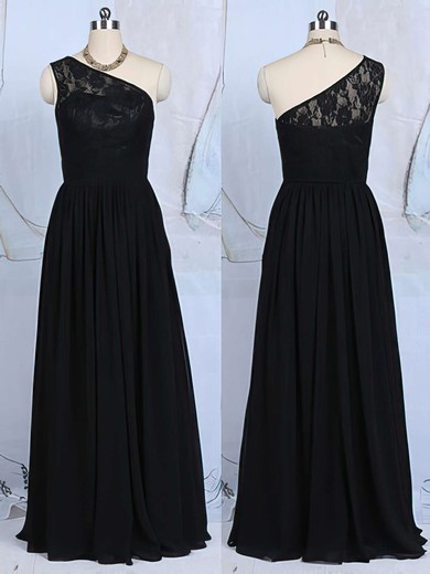 Floor-length Black Lace Ruffles Chiffon One Shoulder Bridesmaid Dresses #JCD01012520