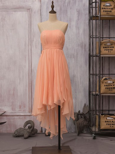 Strapless High Low Orange Chiffon Ruffles Sheath/Column Bridesmaid Dress #JCD01012523