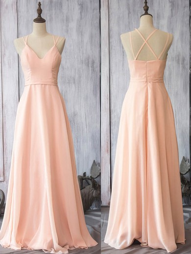 Pearl Pink Chiffon Spaghetti Straps Sheath/Column V-neck Bridesmaid Dress #JCD01012524