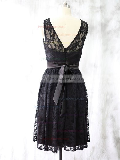 Ladies Black Lace Knee-length Sashes/Ribbons Scoop Neck Bridesmaid Dress #JCD01012527