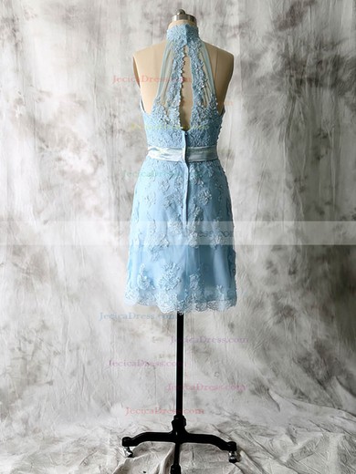 Sheath/Column Lace Tulle Appliques Short/Mini High Neck Bridesmaid Dresses #JCD01012538
