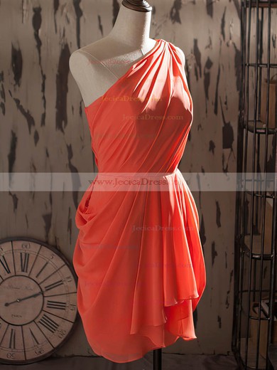 Popular One Shoulder Ruffles Sheath/Column Watermelon Chiffon Bridesmaid Dresses #JCD01012540