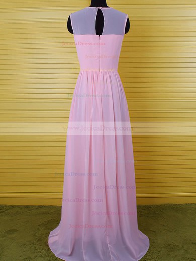 Simple Pearl Pink Chiffon Floor-length Ruffles Sheath/Column Scoop Neck Bridesmaid Dress #JCD01012542