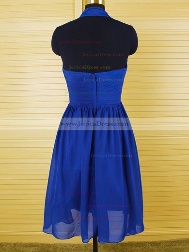 Hot Halter Royal Blue Chiffon Ruffles Knee-length Bridesmaid Dress #JCD01012544