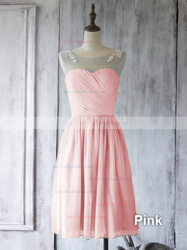 Chiffon Tulle with Appliques Lace A-line Girls Scoop Neck Bridesmaid Dress #JCD01012560