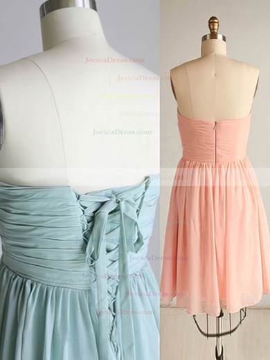 Online Pink Chiffon Ruffles Lace-up Sweetheart A-line Bridesmaid Dress #JCD01012569
