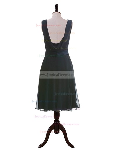 Dark Navy Chiffon with Sashes/Ribbons Tea-length Open Back Bridesmaid Dresses #JCD01012604