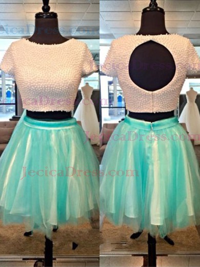 Gorgeous Short Sleeves Tulle Elastic Woven Satin Short/Mini Two Piece Homecoming Dress #JCD02051700