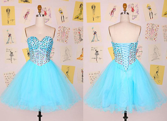 Blue Tulle Crystal Detailing Lace-up Short/Mini Ball Gown Cocktail Dresses #JCD02051767