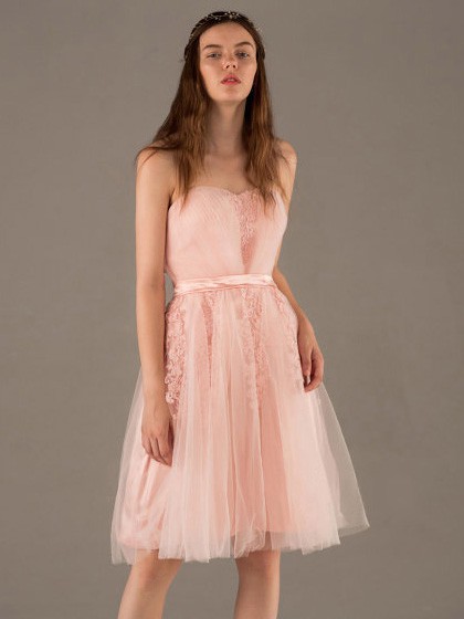 Modest Tulle Lace Sashes/Ribbons Pink Sweetheart Knee-length Cocktail Dress #JCD02051779