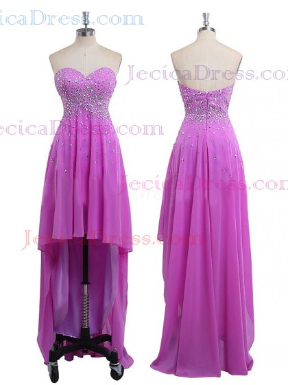 Lilac Chiffon with Crystal Detailing Beautiful Sweetheart Asymmetrical Prom Dresses #JCD02019692