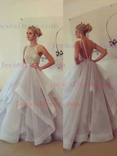 Backless Light Slate Gray Lace Organza Cascading Ruffles Ball Gown Latest Prom Dress #JCD02019558