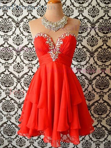 Red Chiffon with Crystal Detailing Sweetheart Affordable Short/Mini Cocktail Dresses #JCD02019522
