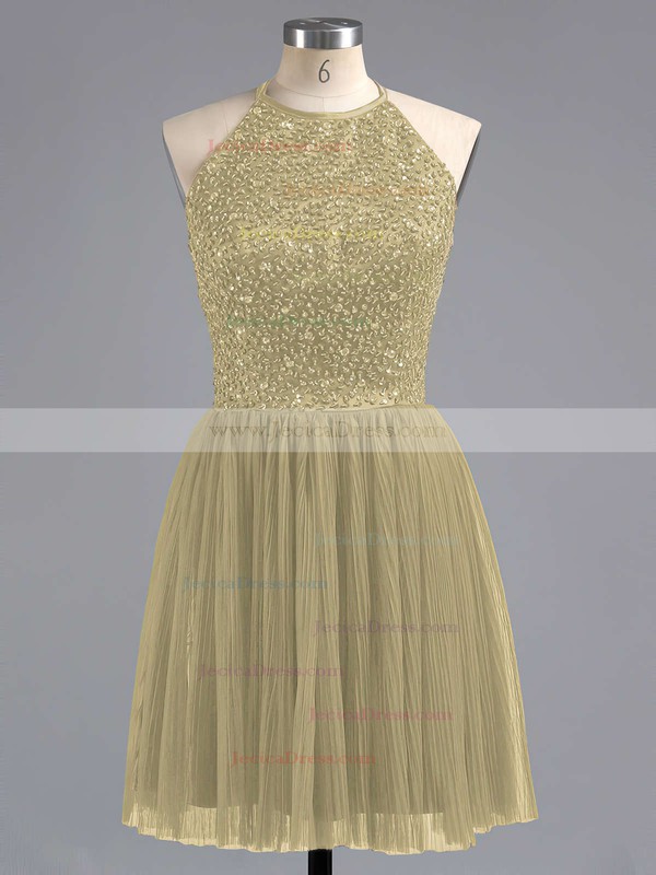 Designer Spaghetti Straps Scoop Neck Purple Tulle Beading Short Prom Dress #JCD02019702