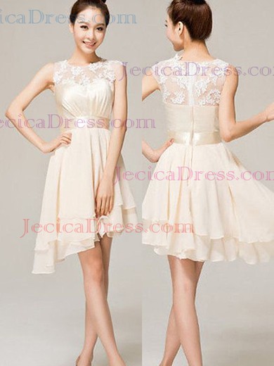 Vintage Champagne Chiffon Tulle Appliques Lace Asymmetrical Short Prom Dresses #JCD02019743