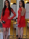 Exclusive Scoop Neck Long Sleeve Short/Mini Red Tulle Lace Prom Dress #JCD02019758