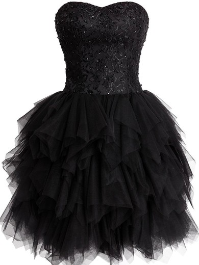 Short/Mini Sweetheart Lace-up Black Tiered Tulle Lace Vintage Prom Dress #JCD02019798