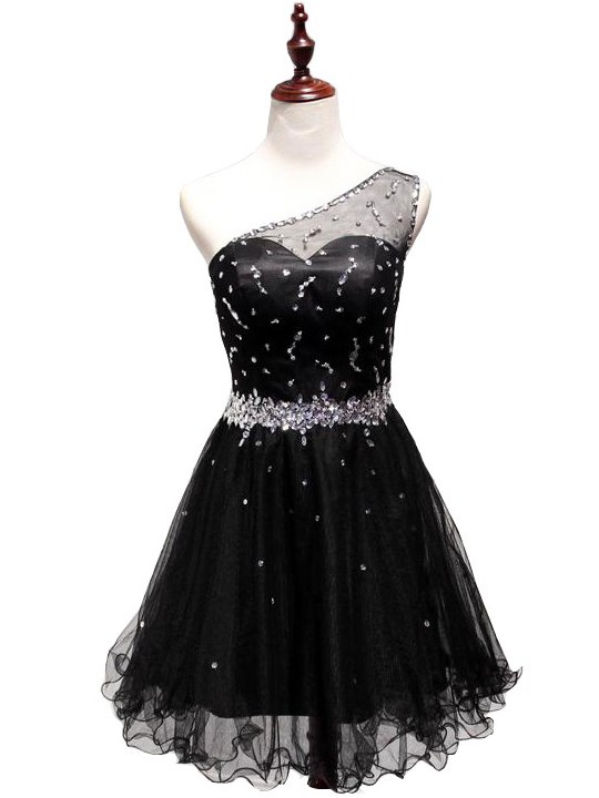 Exclusive Black Tulle Beading Short/Mini One Shoulder Prom Dress #JCD02019809