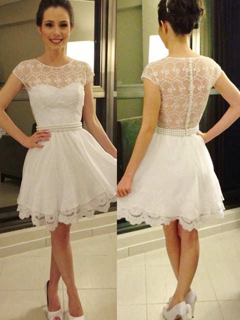Pretty Ivory Lace Short/Mini with Pearl Detailing Short Sleeve Prom Dresses #JCD02019813