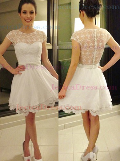 Pretty Ivory Lace Short/Mini with Pearl Detailing Short Sleeve Prom Dresses #JCD02019813
