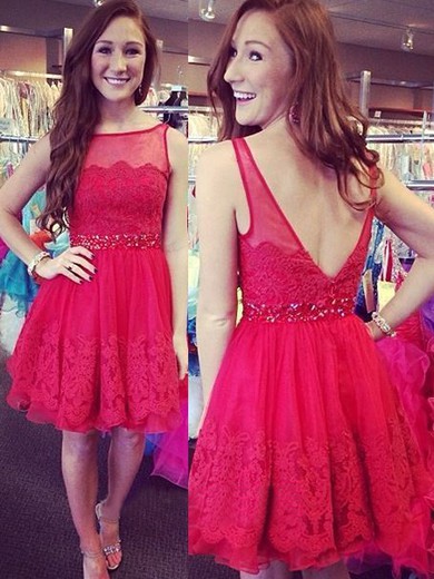 Short/Mini Popular Red Tulle Lace with Beading Open Back Prom Dresses #JCD02019833