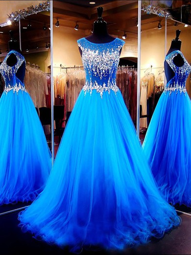 Royal Blue Tulle Backless with Sparkly Crystal Detailing Ball Gown Prom Dress #JCD02019864