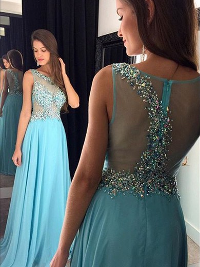 Nice Scoop Neck Blue Chiffon Tulle Crystal Detailing A-line Prom Dress #JCD02019870